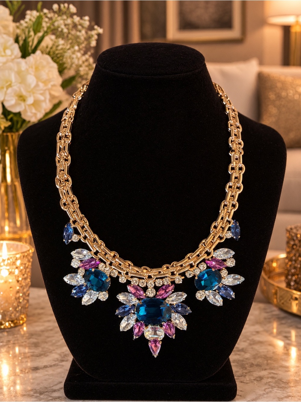 Gold Chain Statement Necklace with Blue & Purple Crystals